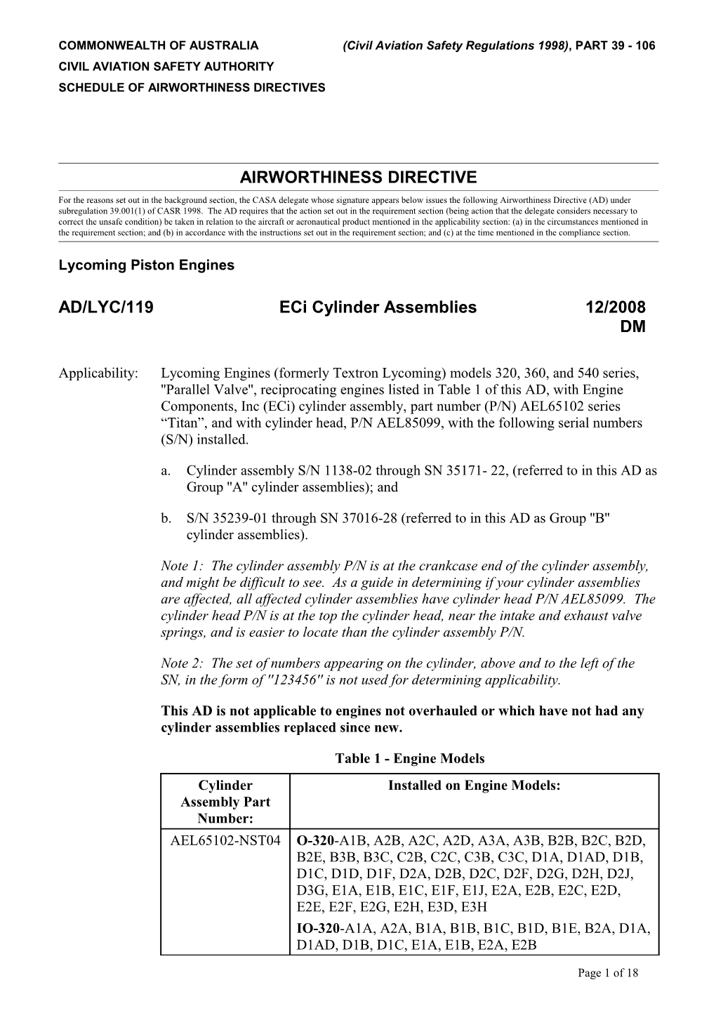COMMONWEALTH of AUSTRALIA(Civil Aviation Safety Regulations 1998), PART 39 - 106
