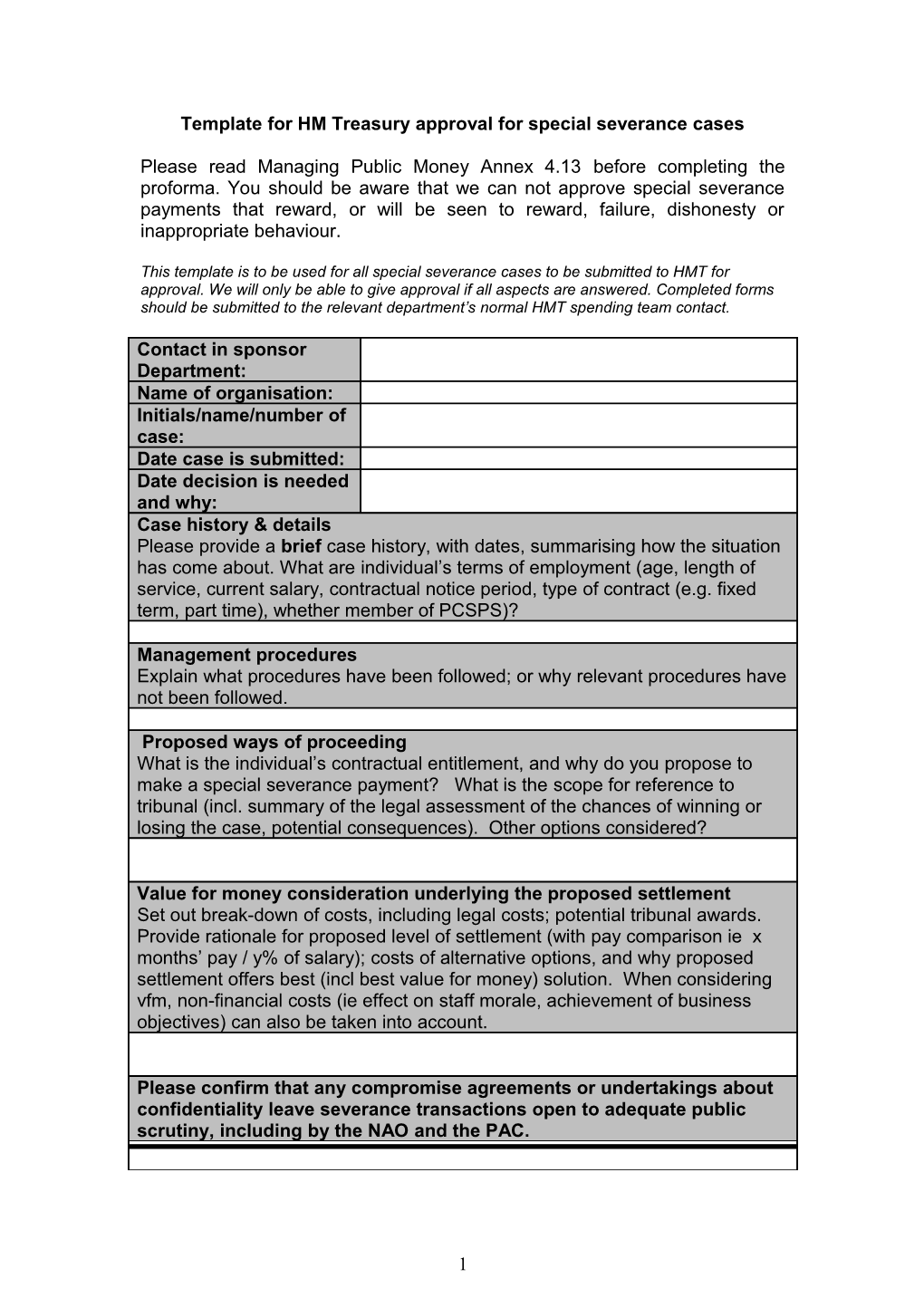 Template for Seeking Approval for Special Severance Cases