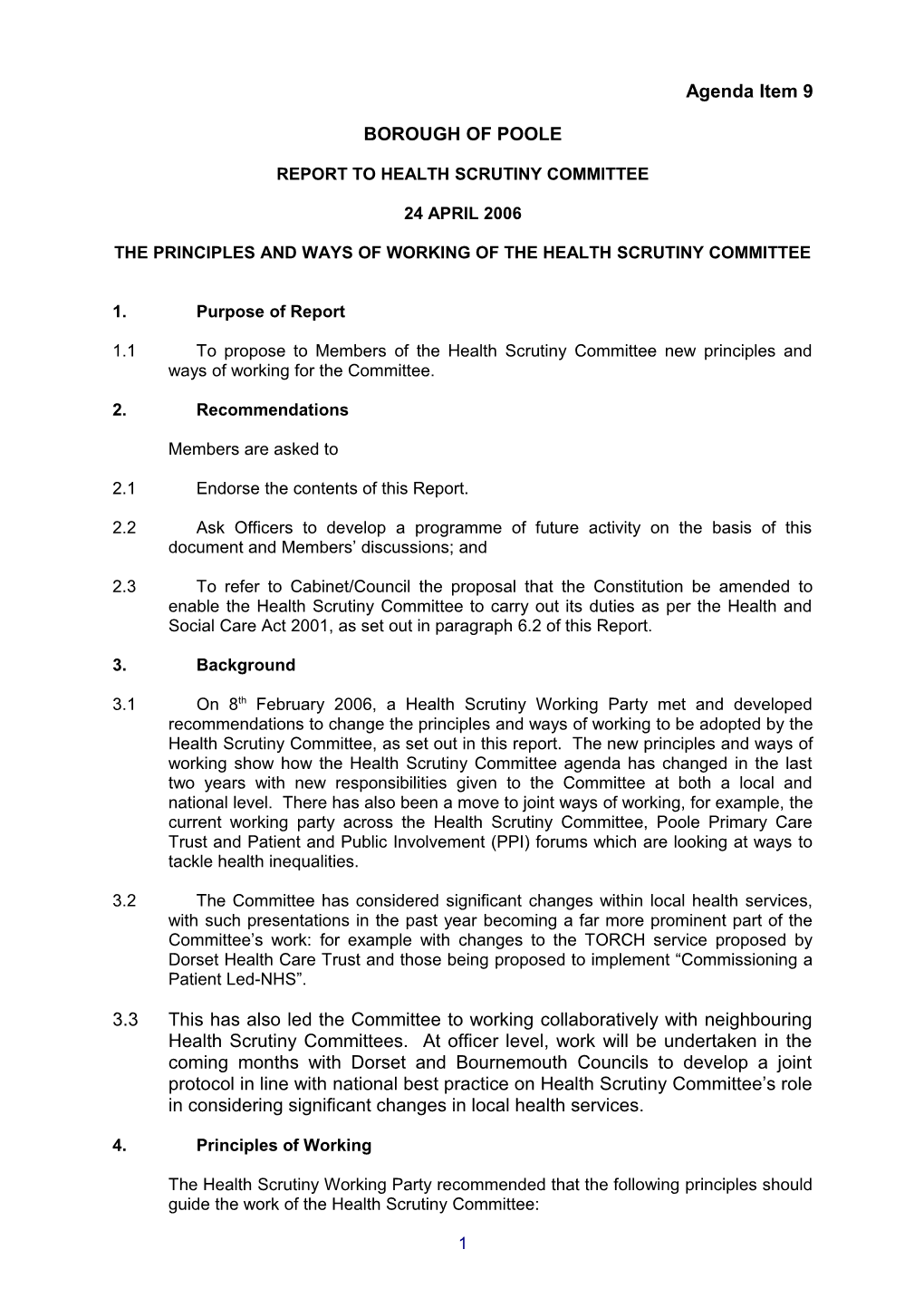 The Principles and Ways of Working of the Health Scrutiny Committee