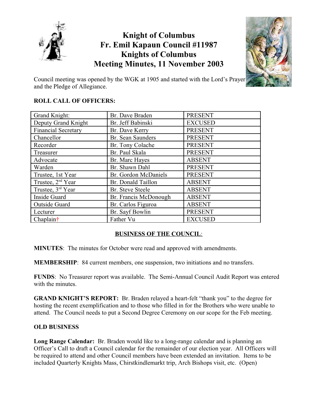 Knights of Columbus Meeting Minutes