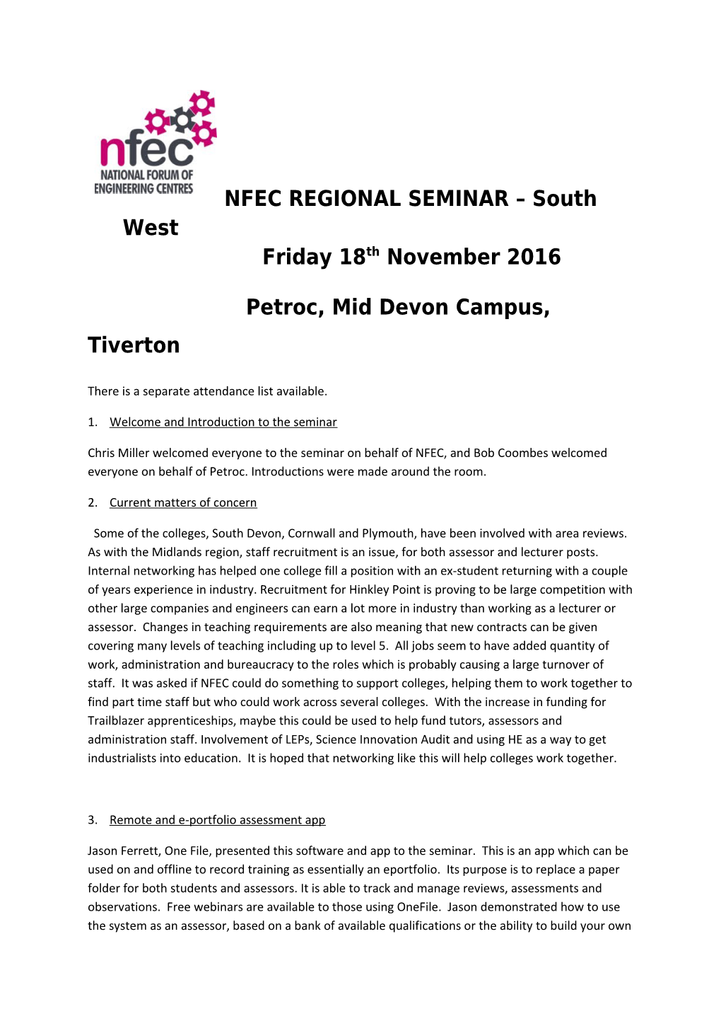 NFEC REGIONAL SEMINAR South West