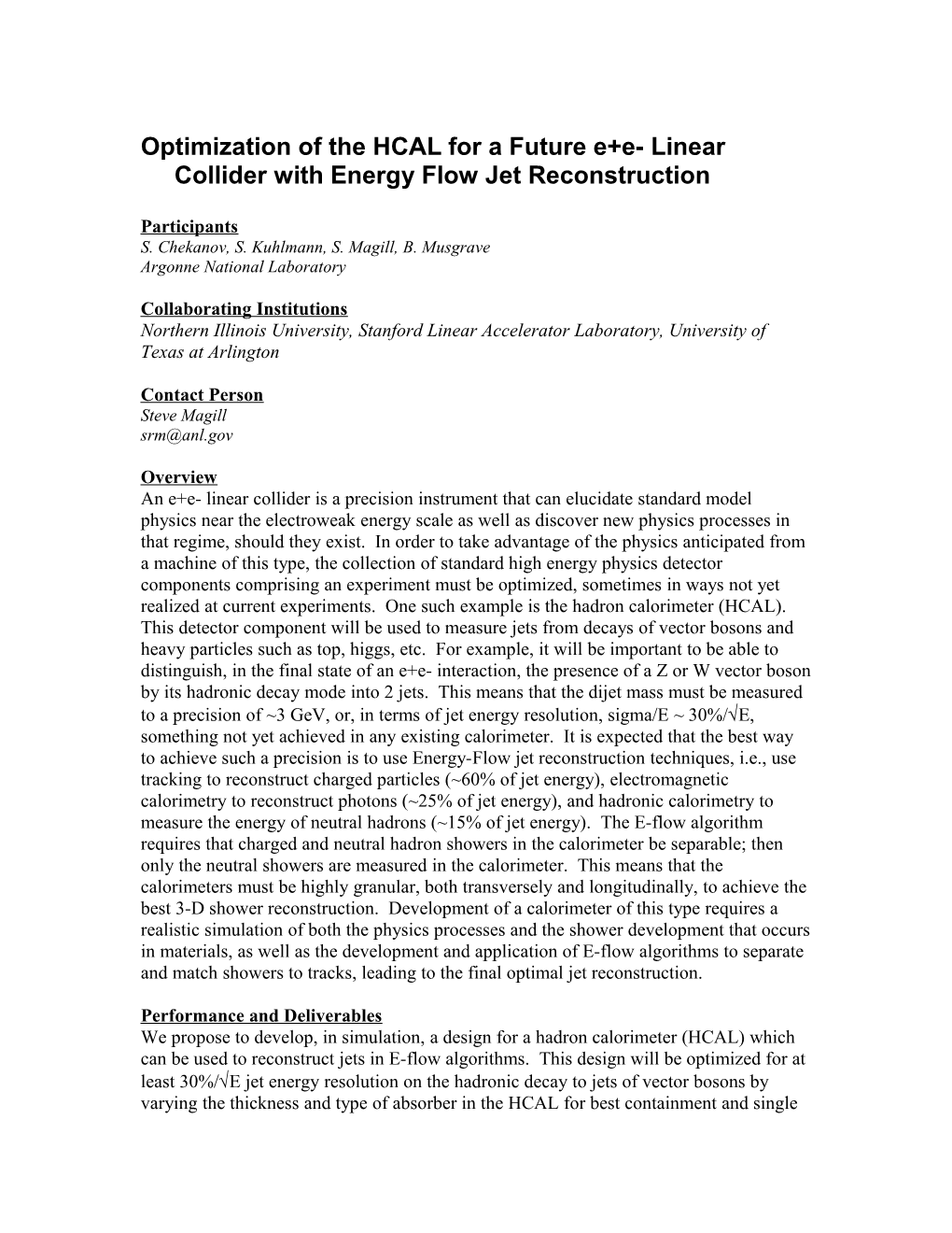 ANL HEP Division Proposed R&D on Linear Collider Calorimetry