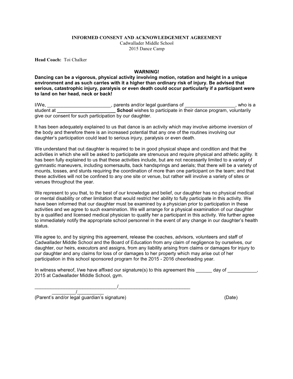 Informed Consent and Acknowledgement Agreement