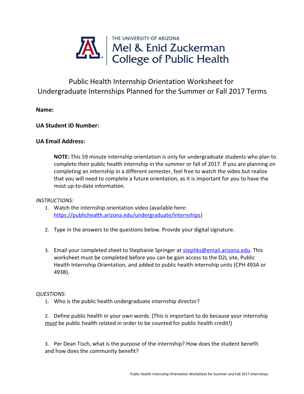 Public Health Internship Orientation Worksheet For