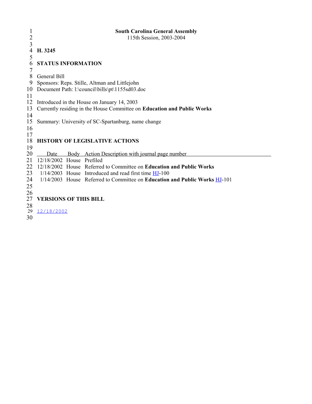 2003-2004 Bill 3245: University of SC-Spartanburg, Name Change - South Carolina Legislature