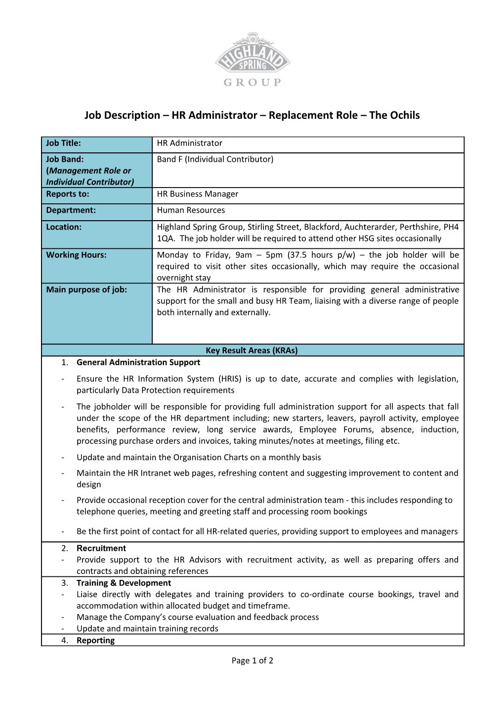 Job Description HR Administrator Replacement Role the Ochils