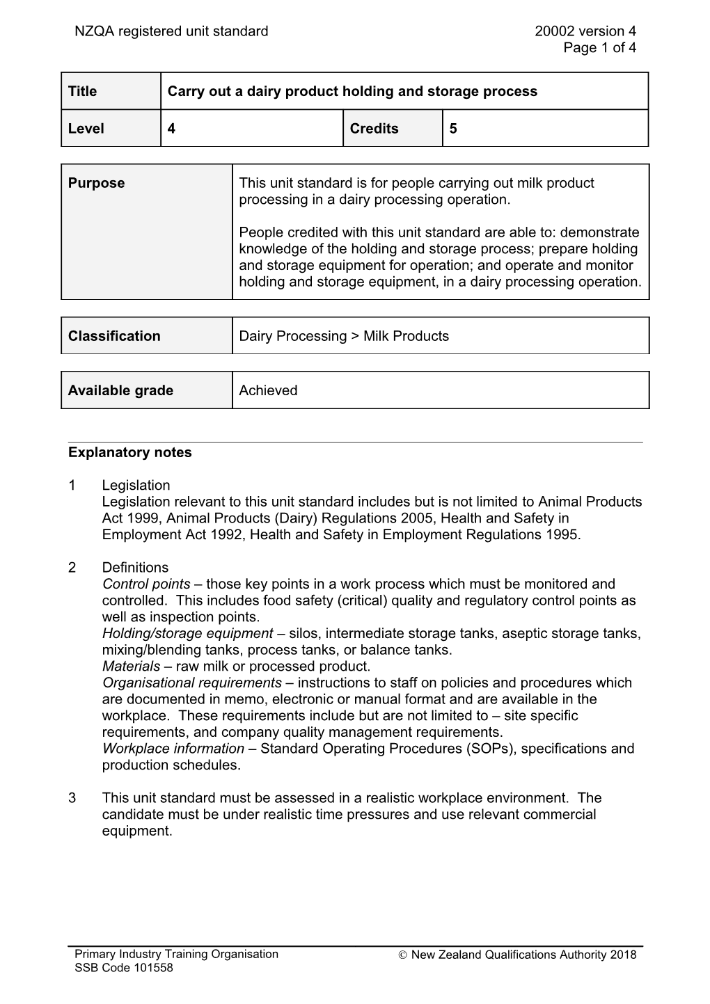 20002 Carry out a Dairy Product Holding and Storage Process