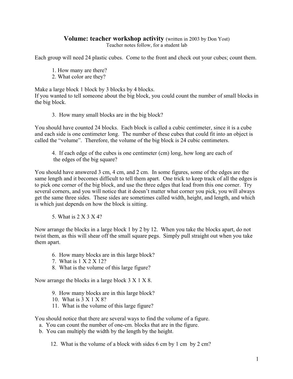 Volume: Teacher Workshop Activity (Written in 2003 by Don Yost)