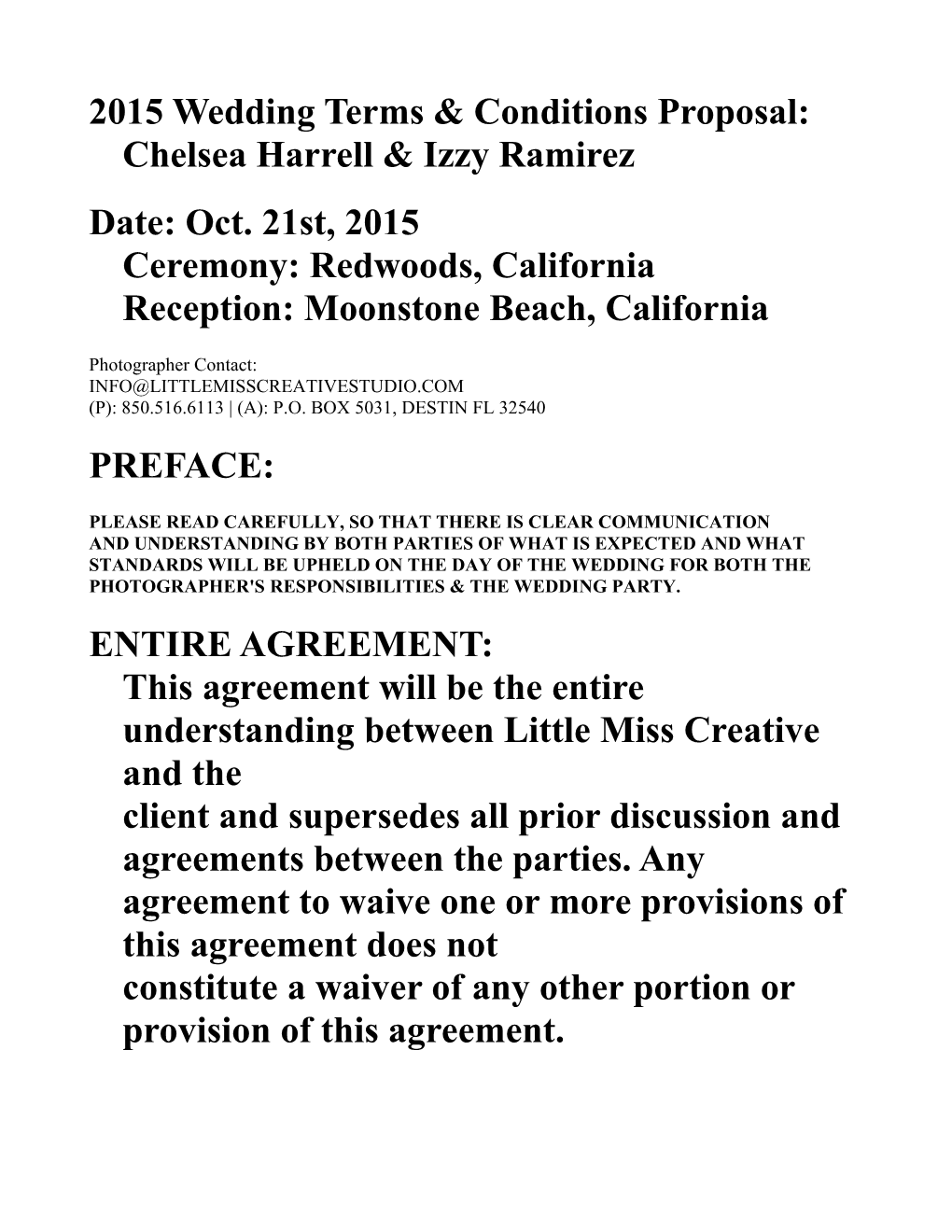 2015 Wedding Terms & Conditions Proposal: Chelsea Harrell & Izzy Ramirez