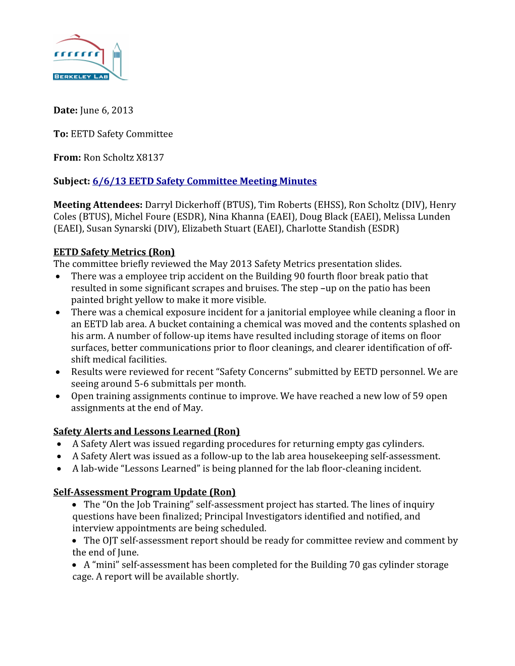 Subject:6/6/13 EETD Safety Committee Meeting Minutes