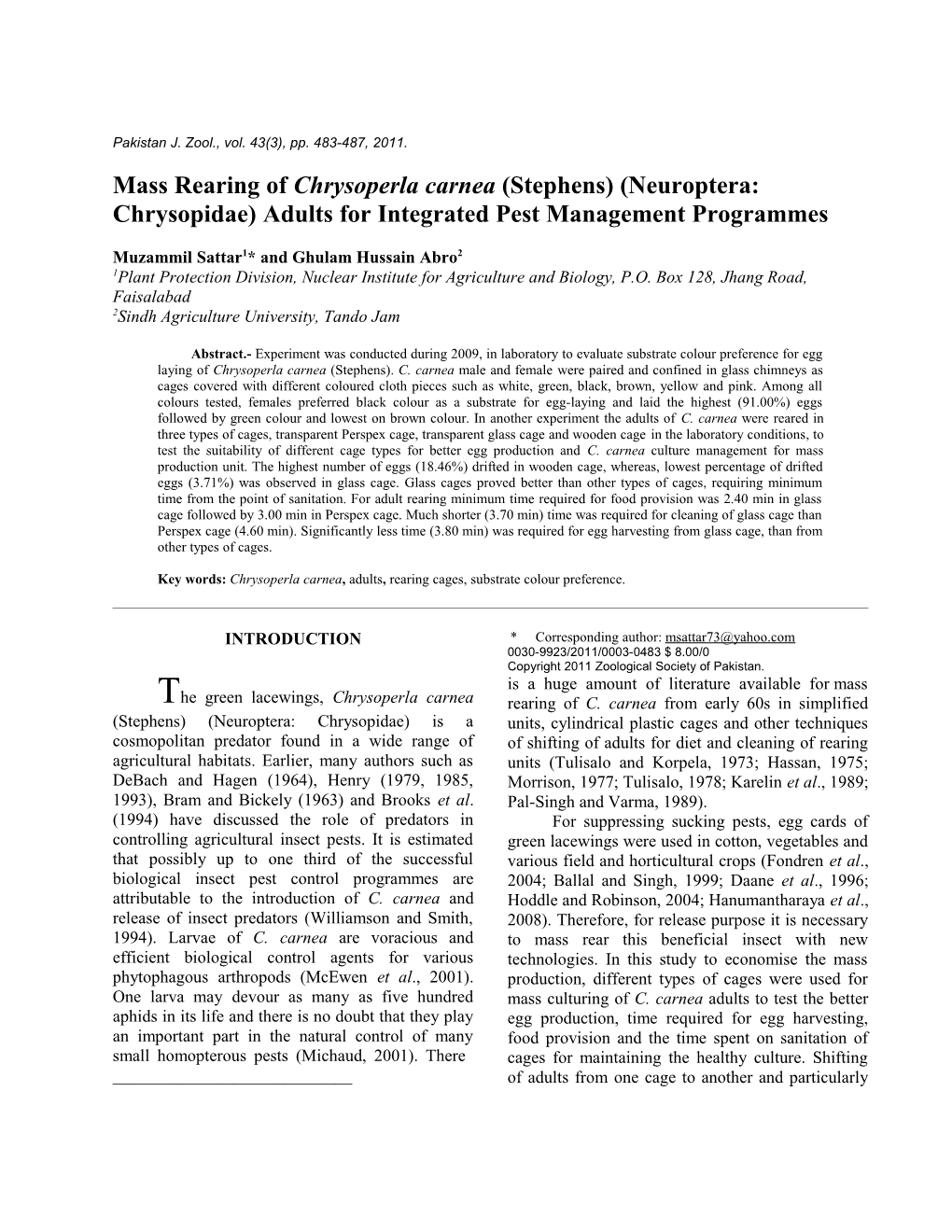 Mass Rearing of Chrysoperla Carnea (Stephens) (Neuroptera: Chrysopidae) Adults for Integrated