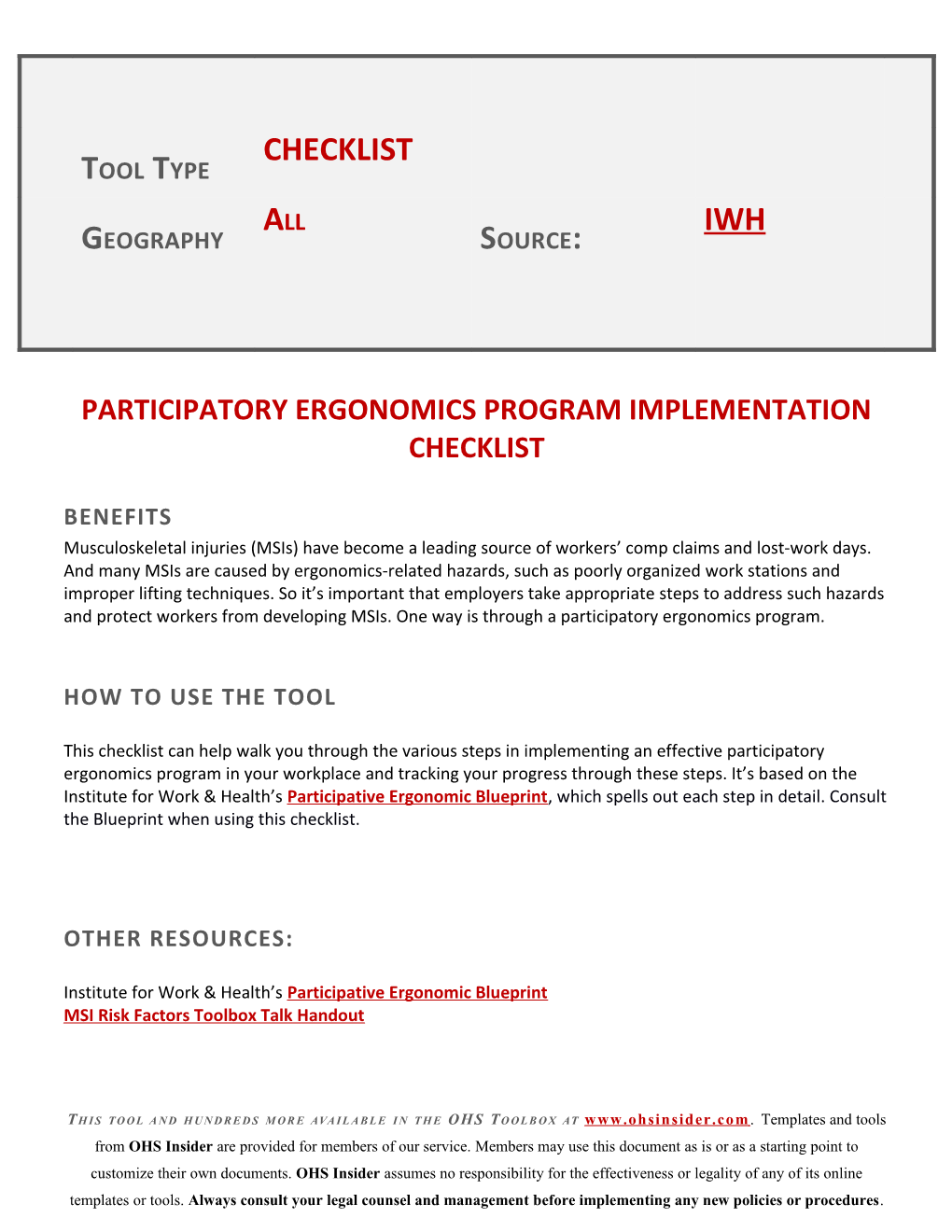 Participatory Ergonomics Program Implementation Checklist