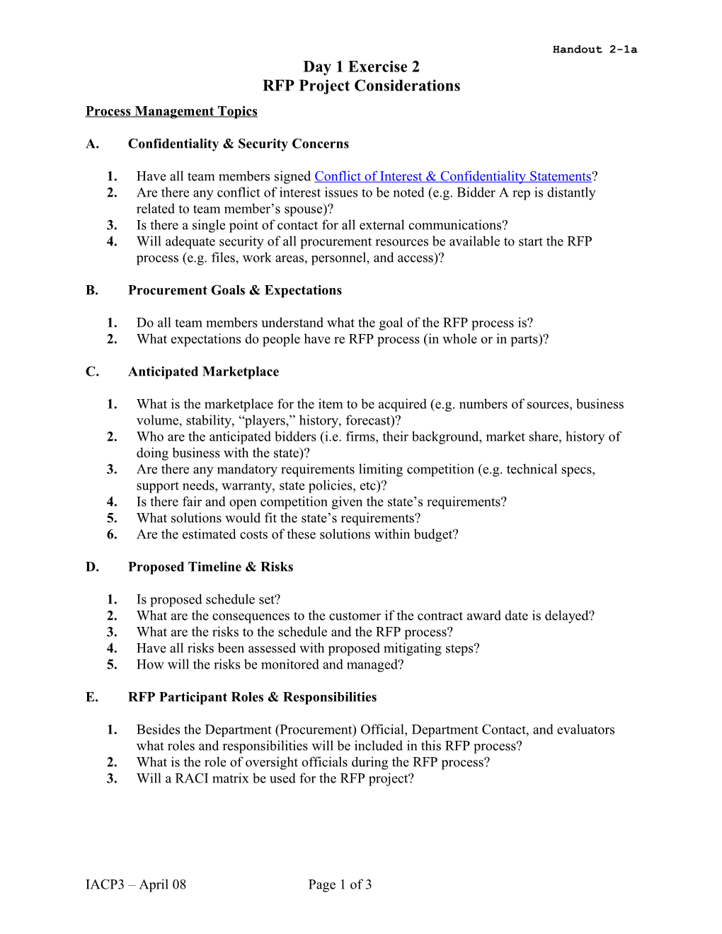 Exercise 2 Handout for Organizational Checklist