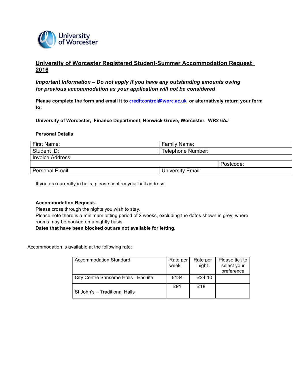Universityof Worcester Registeredstudent-Summeraccommodation Request 2016