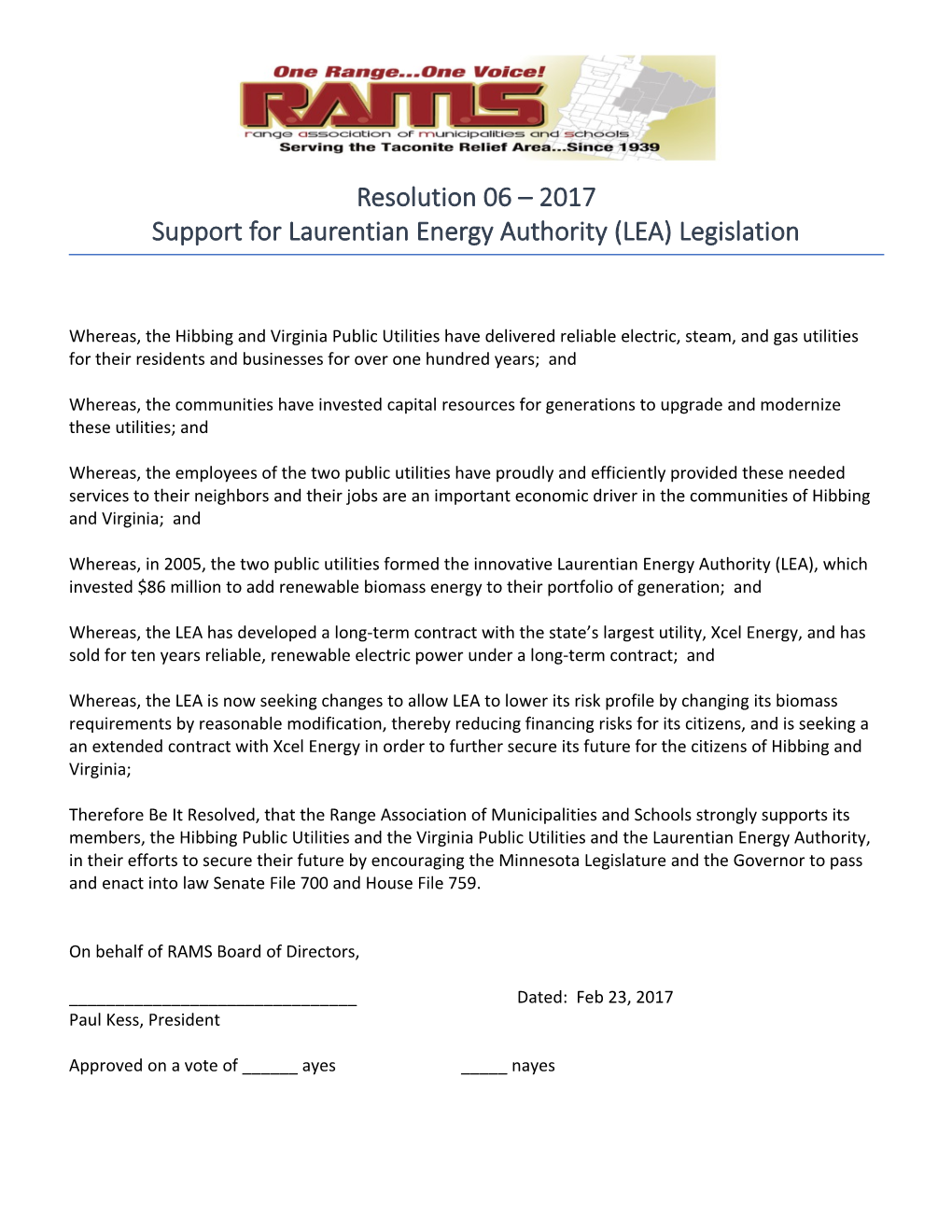 Resolution 06 2017 Support for Laurentian Energy Authority (LEA) Legislation