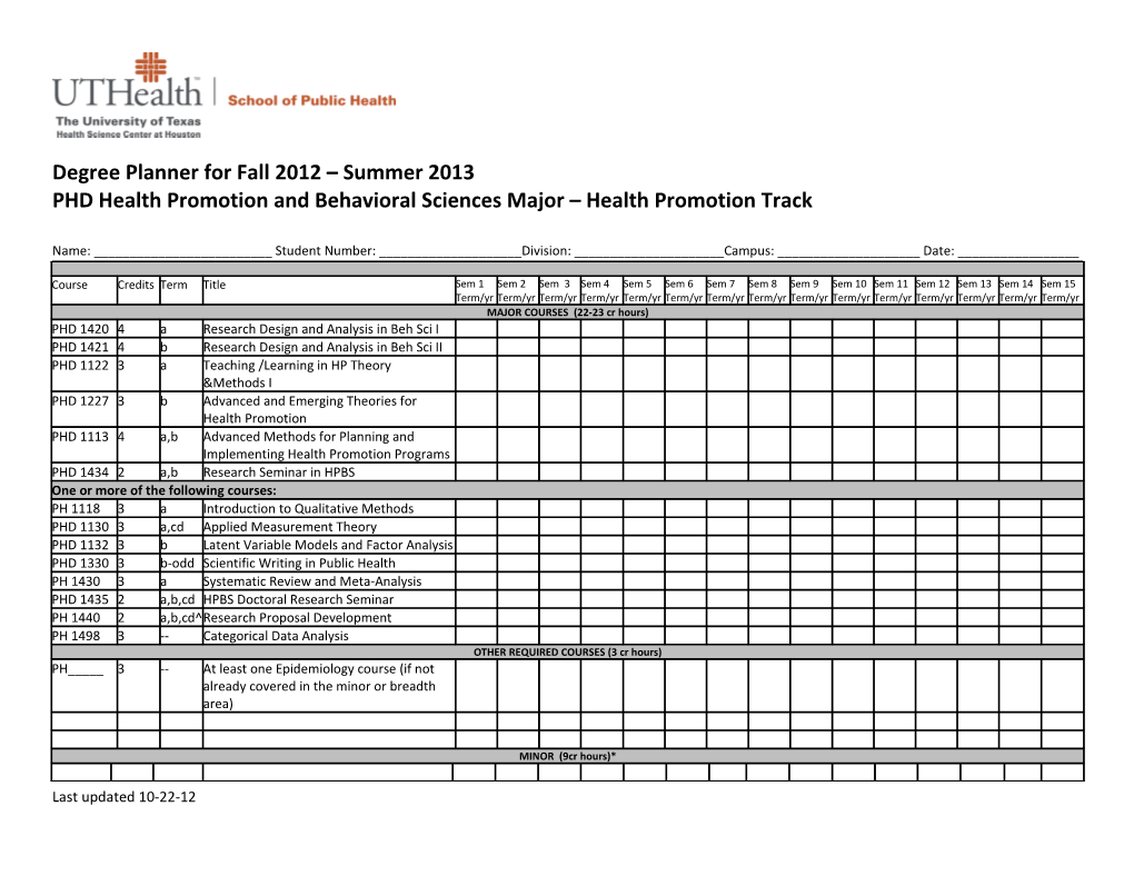 Degree Planner for Fall 2012 Summer 2013