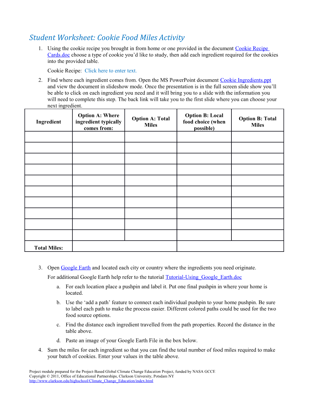 Student Worksheet:Cookie Food Miles Activity