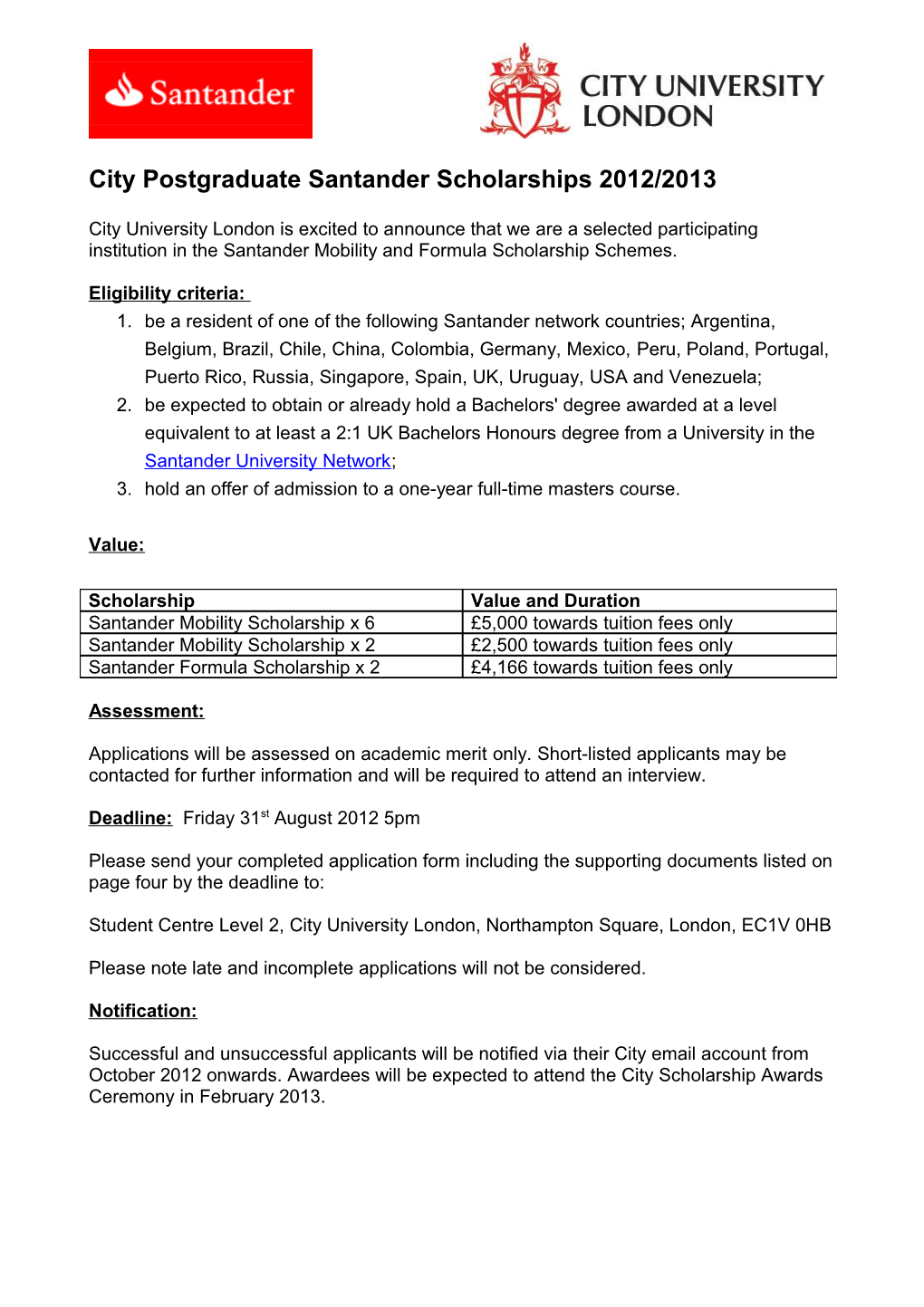 City Postgraduate Santanderscholarships 2012/2013