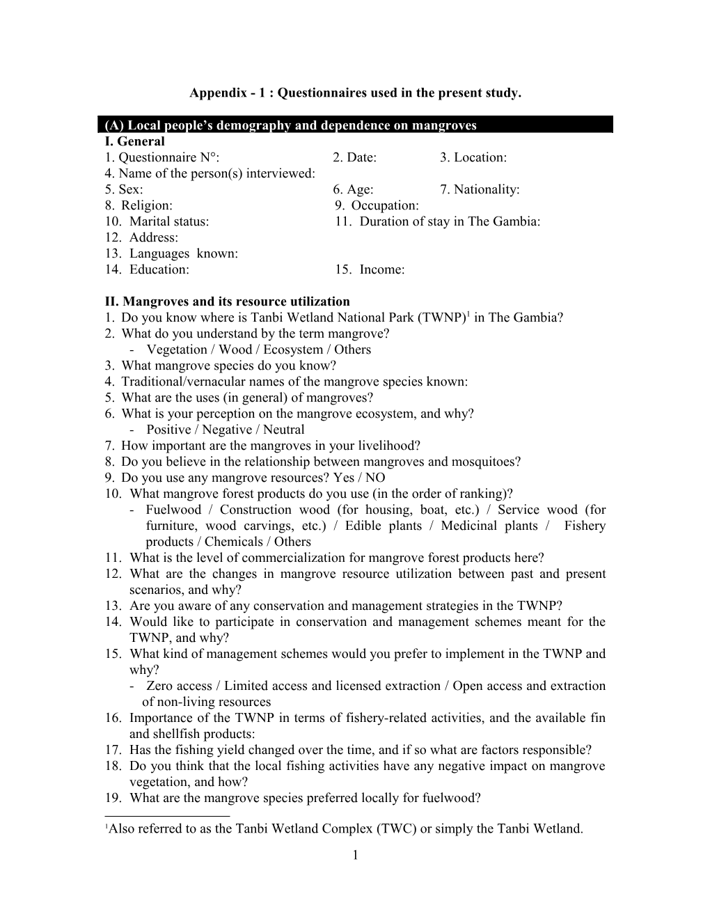 Appendix-1 : Questionnaires Used in the Present Study