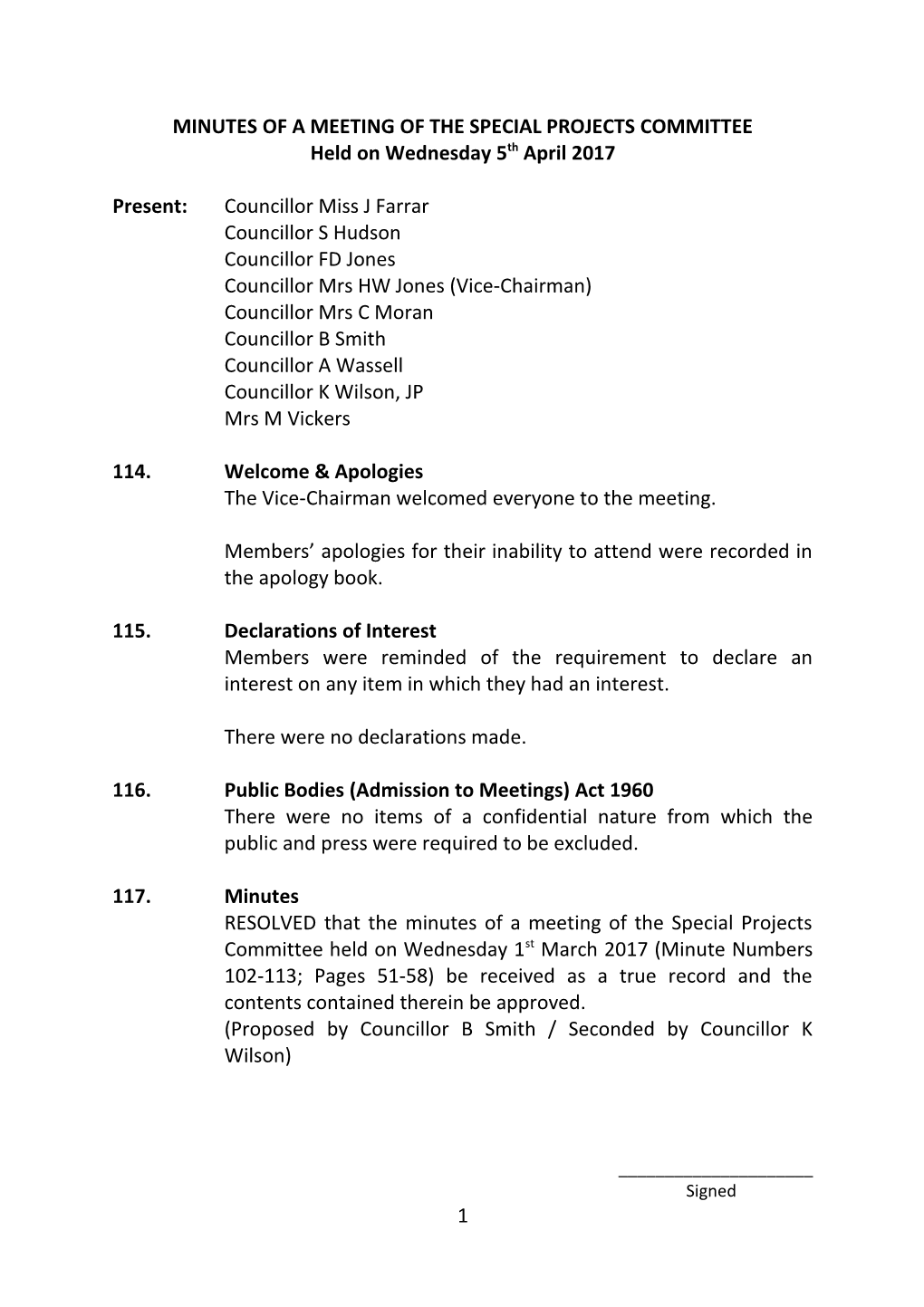 Minutes of a Meeting of the Special Projects Committee
