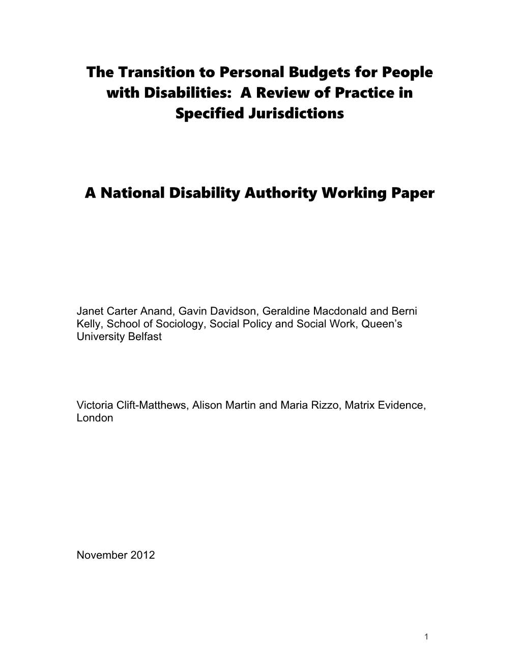 The Transition to Personal Budgets for People with Disabilities: a Review of Practice In