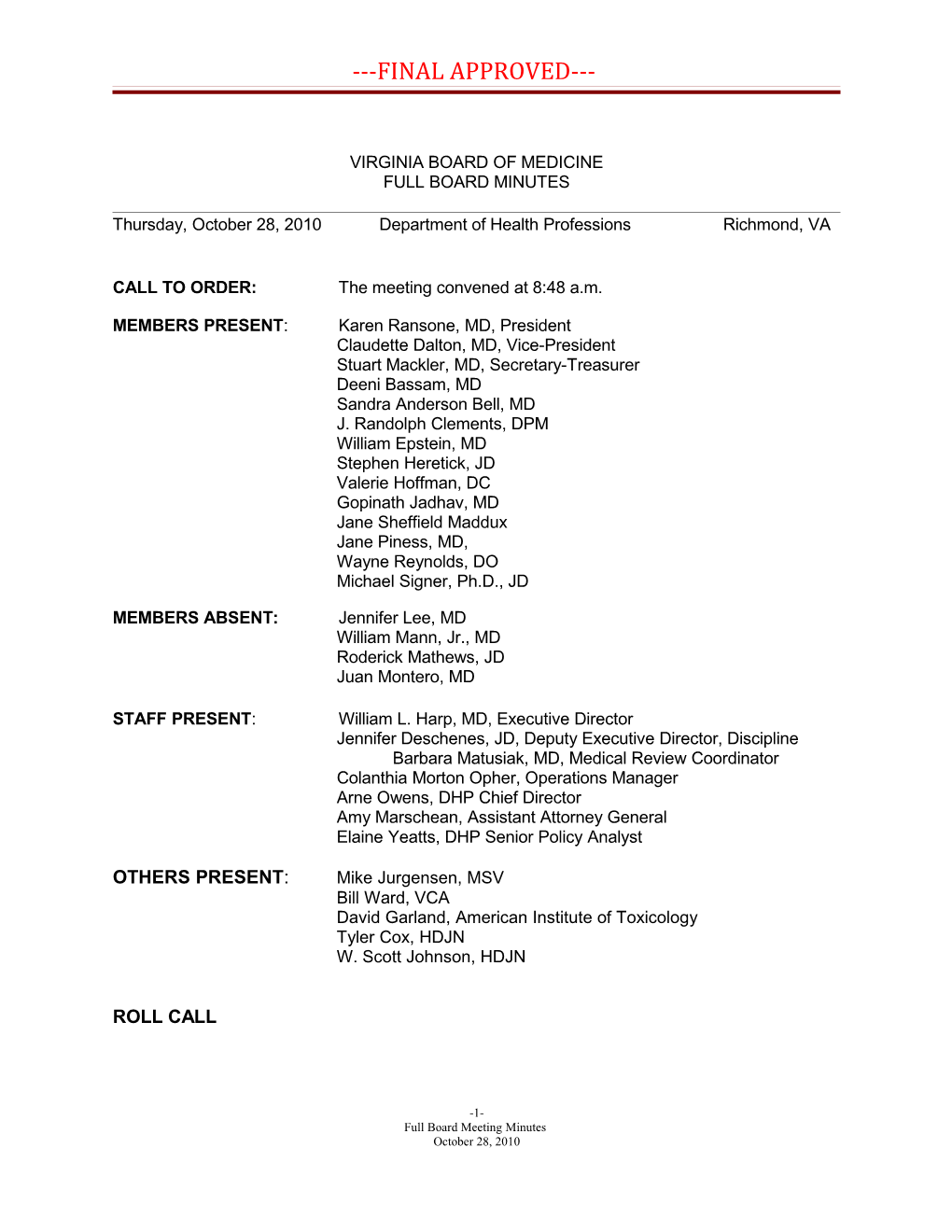 Virginia Board of Medicine Full Board Minutes