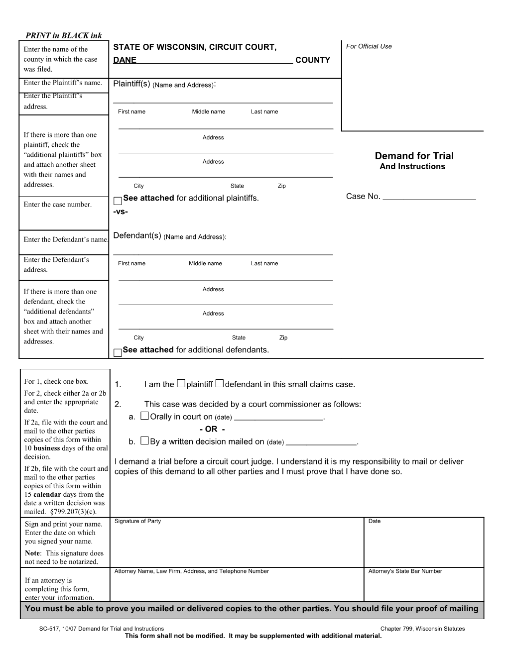 SC-517: Demand for Trial and Instructions