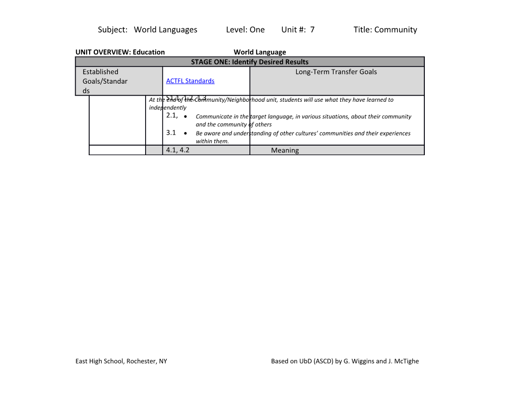 UNIT OVERVIEW: Education World Language