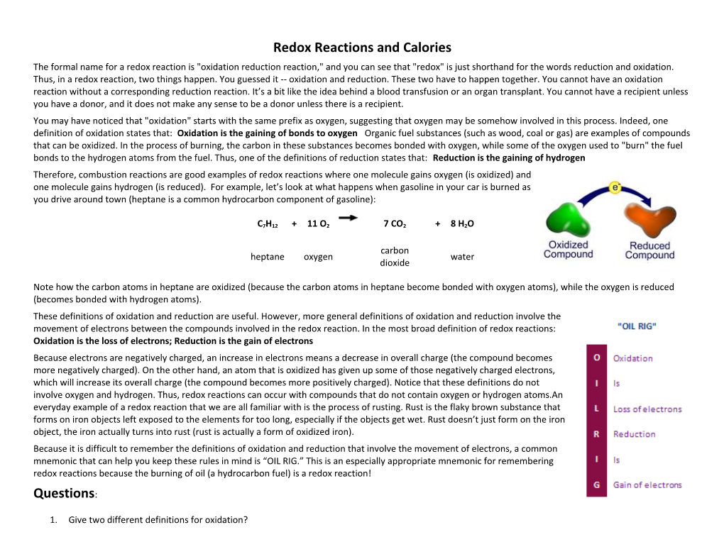 Redox Reactions and Calories