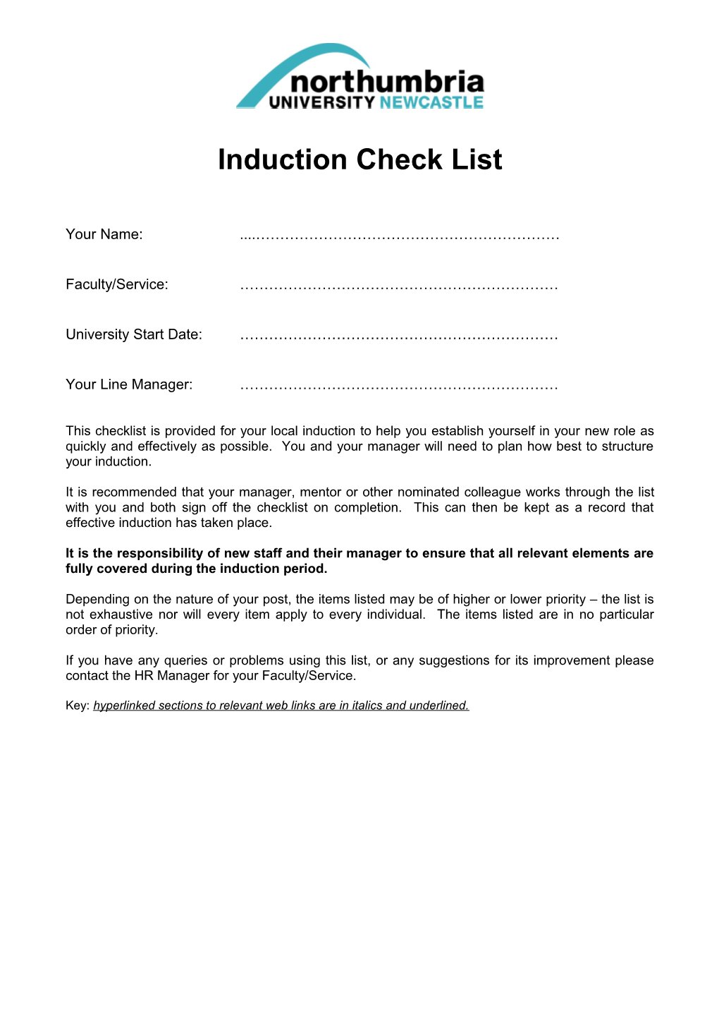 Induction Check List