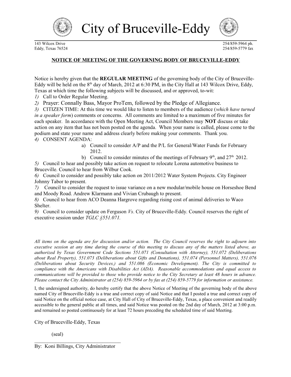 Notice of Meeting of the Governing Body of Bruceville-Eddy