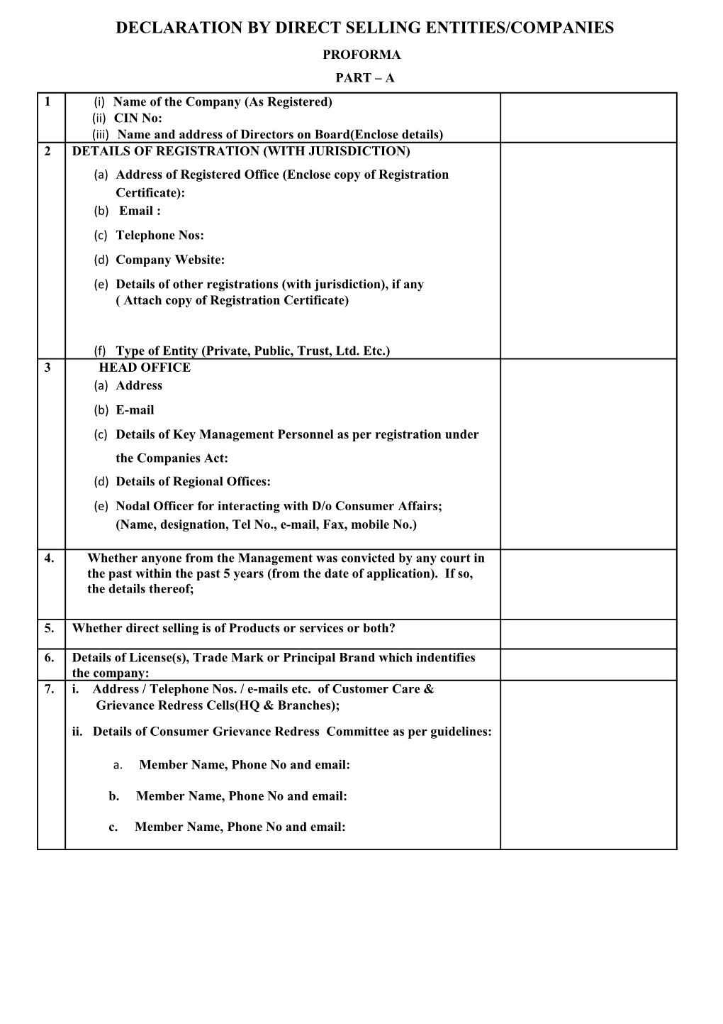 Declaration by Direct Selling Entities/Companies