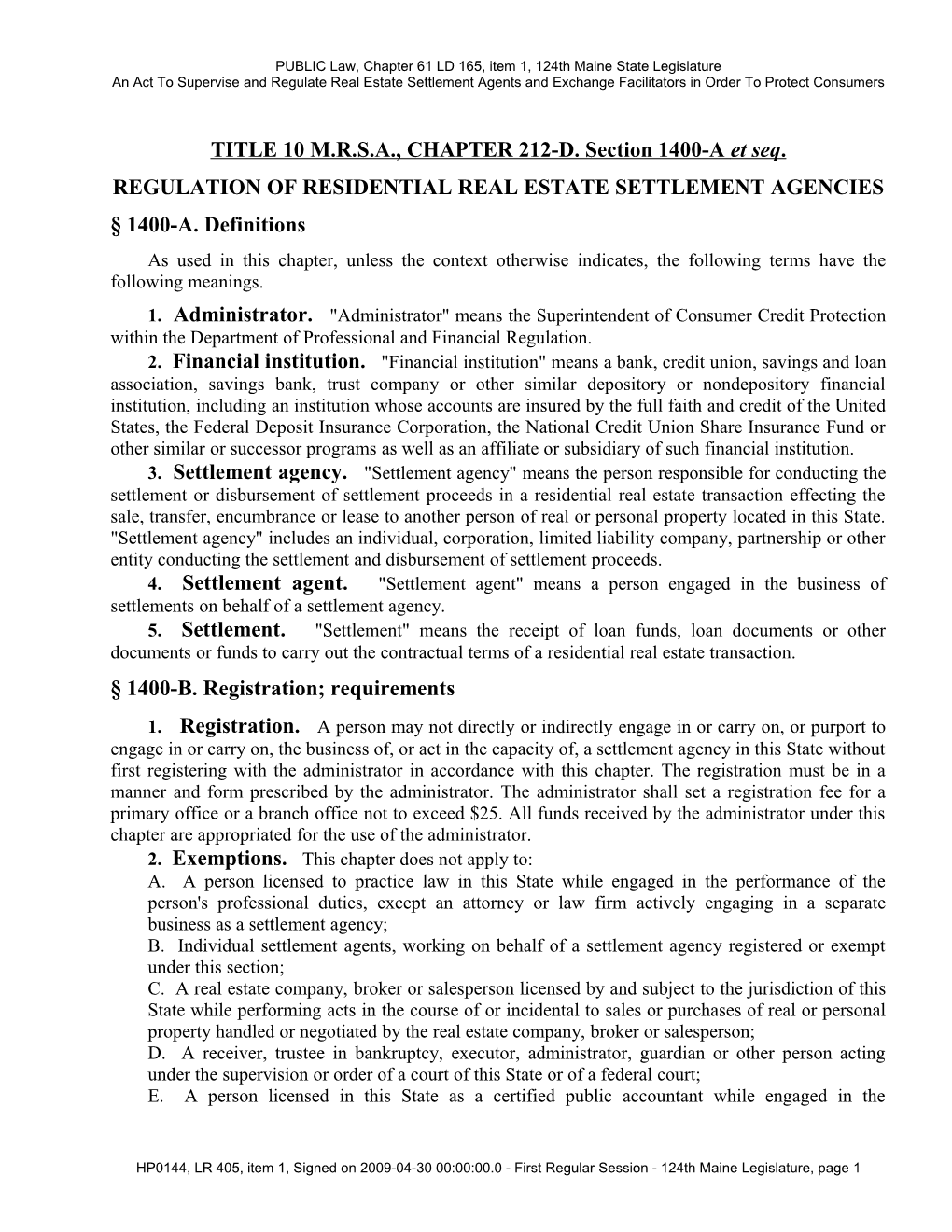 PUBLIC Law, Chapter 61 LD 165, Item 1, 124Th Maine State Legislature