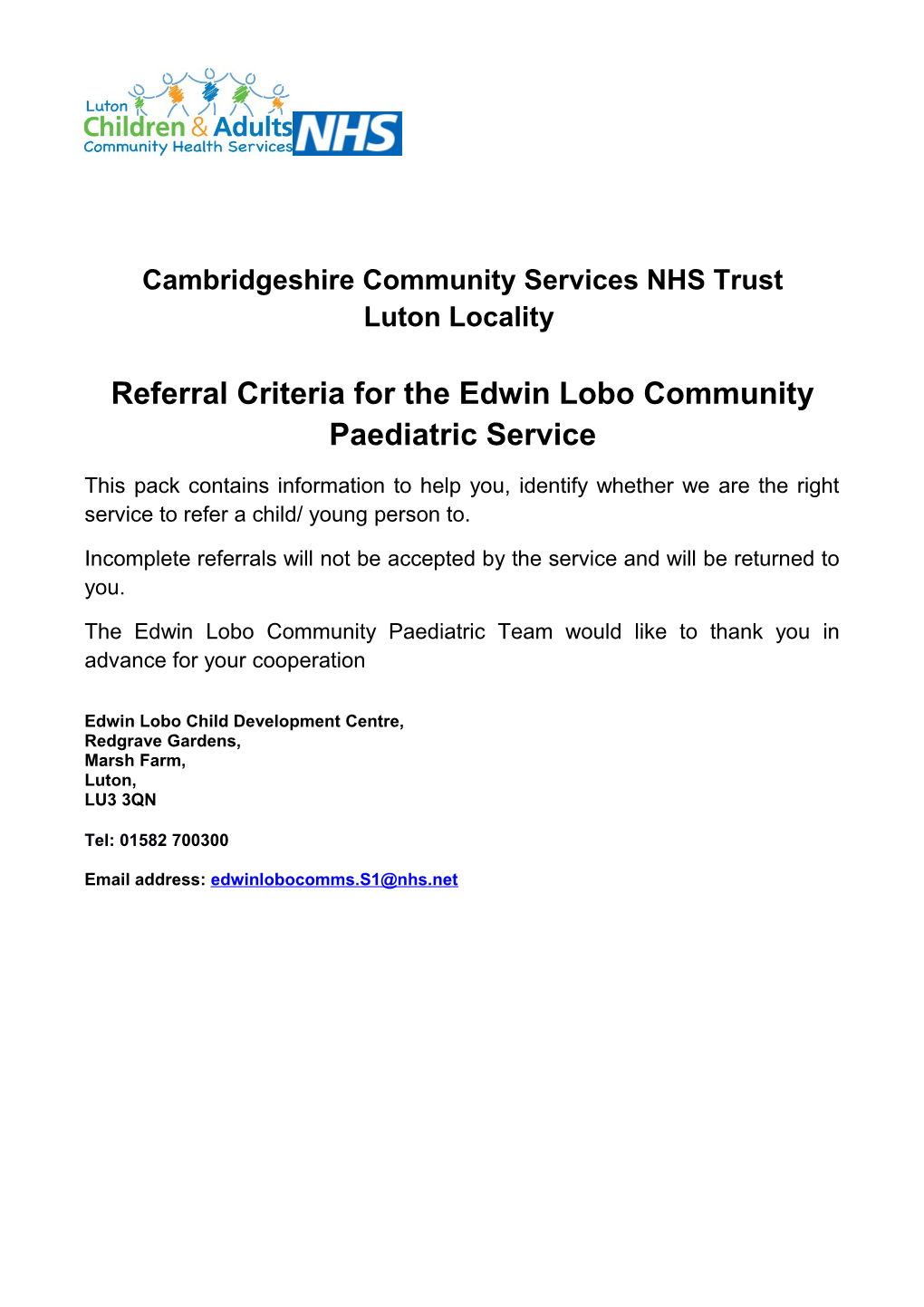 Referral Criteria for the Edwin Lobo Community Paediatric Service