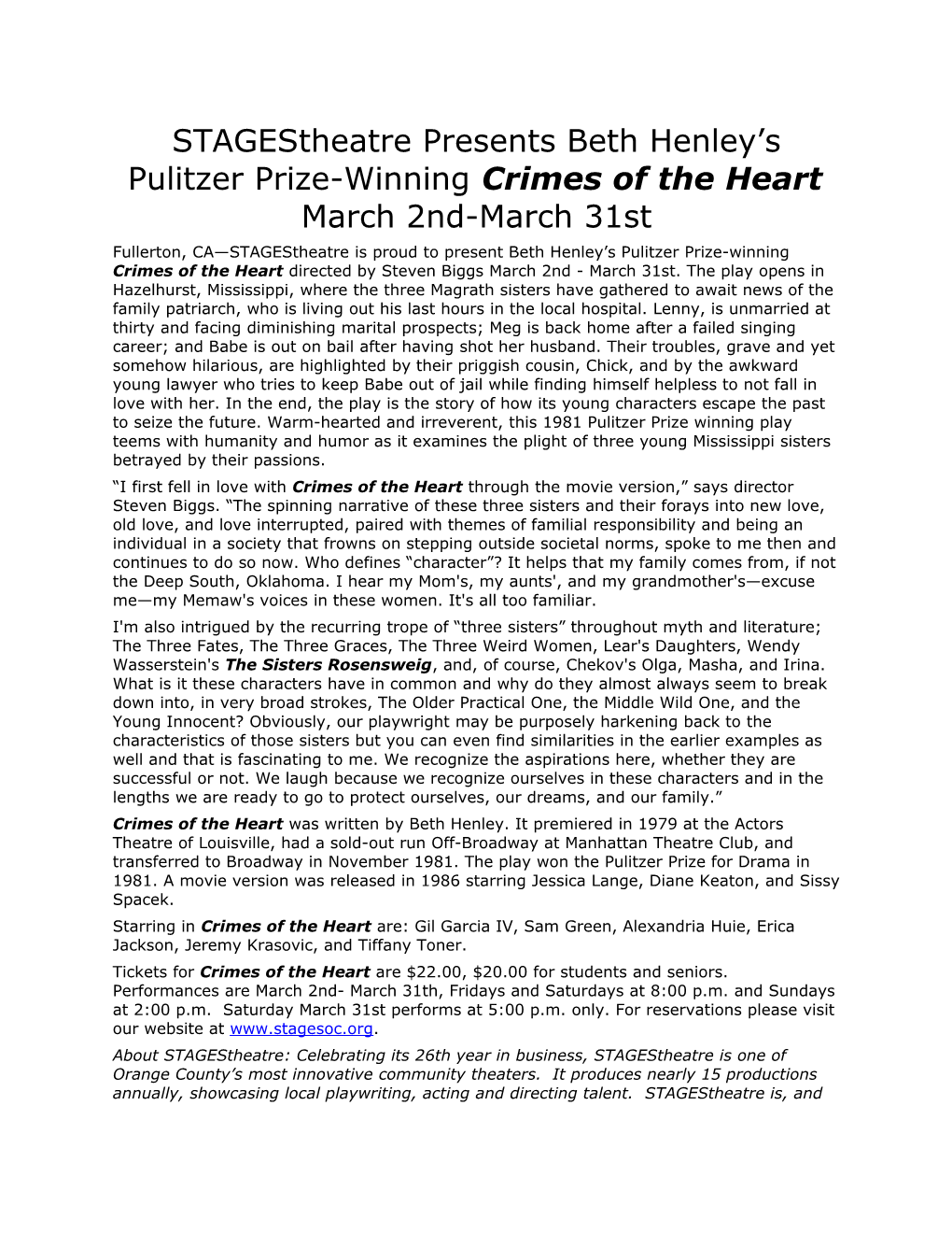 Stagestheatre Presents Beth Henley S Pulitzer Prize-Winning Crimes of the Heart March
