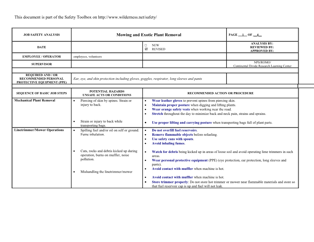 Job Hazard Analysis - Mechanical Plant Removal