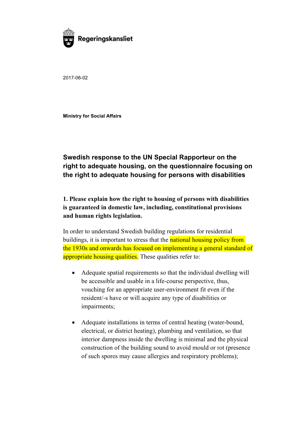 1. Please Explain How the Right to Housing of Persons with Disabilities Is Guaranteed