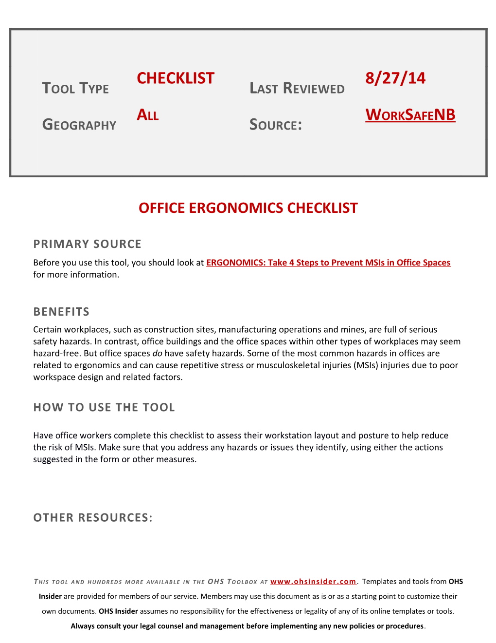 Office Ergonomics Checklist