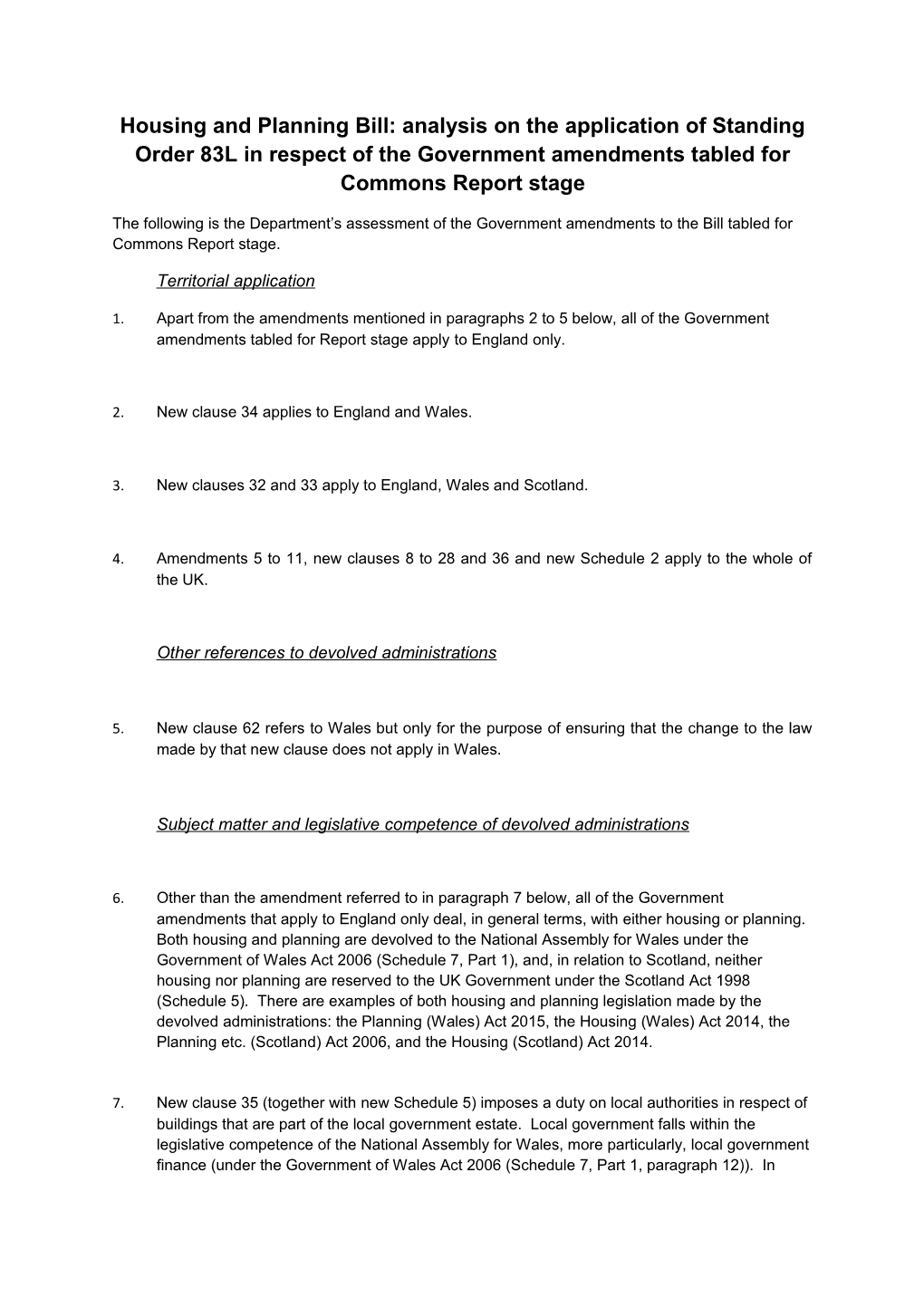 Housing and Planning Bill: Analysis on the Application of Standing Order 83L in Respect