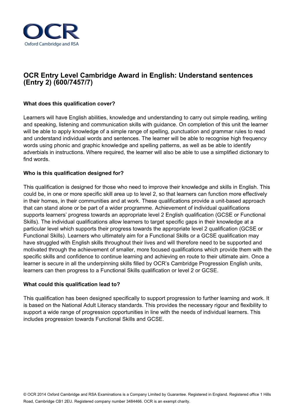 OCR Entry Level Cambridge Award in English: Understand Sentences (Entry 2) (600/7457/7)