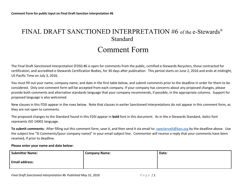 Comment Form for Public Input on Final Draft Sanction Interpretation #6