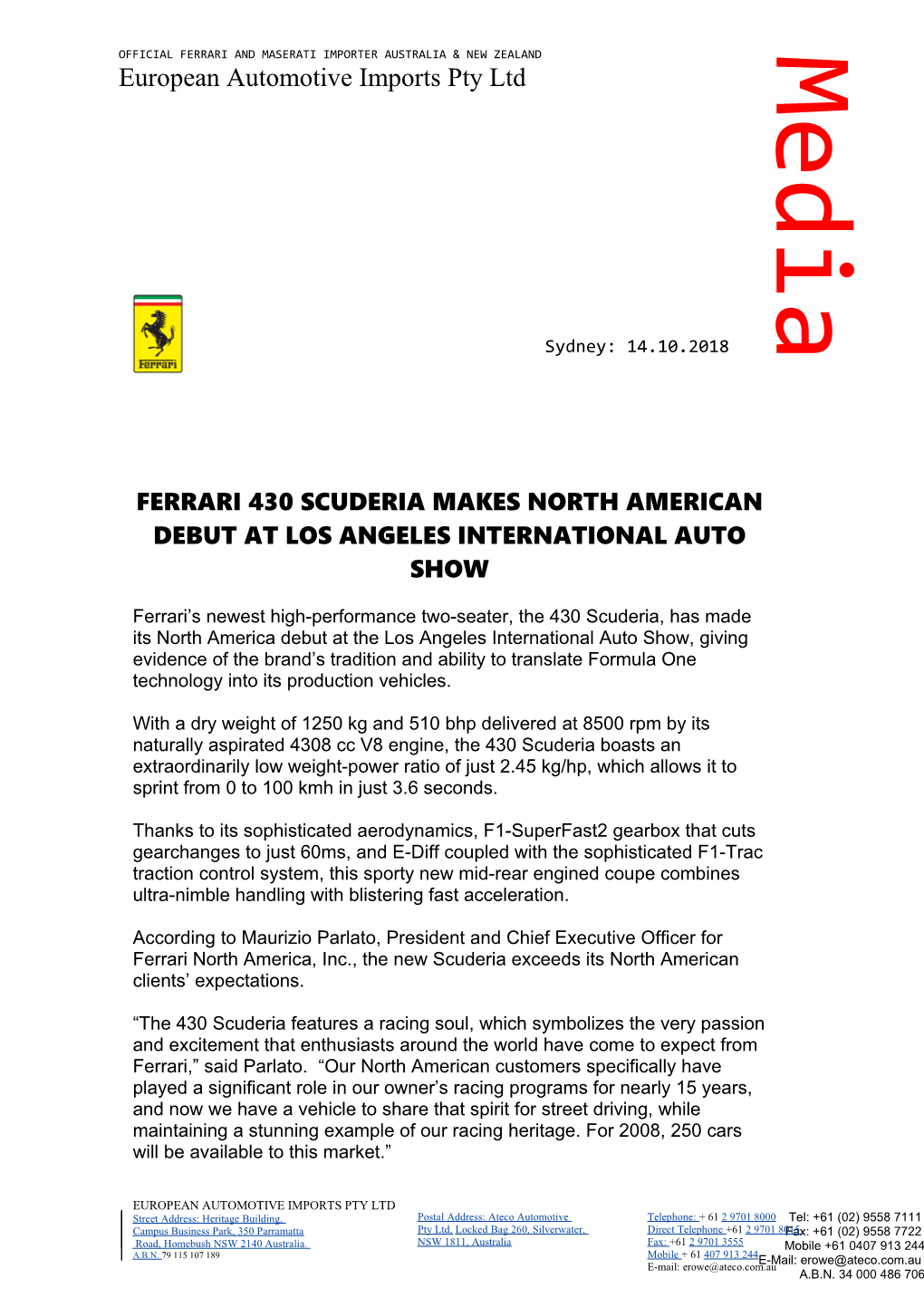 Ferrari 430 Scuderia Makes North American Debutat Los Angeles International Auto Show
