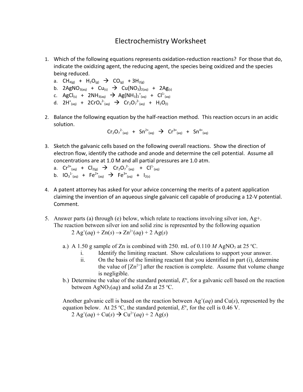 Electrochemistry Worksheet