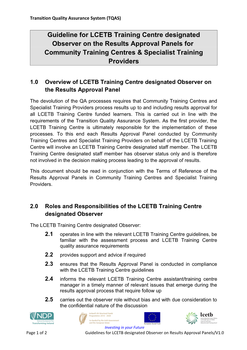 Draft Terms of Reference for FÁS Representative on Results Approval Panel (STP and CTC)