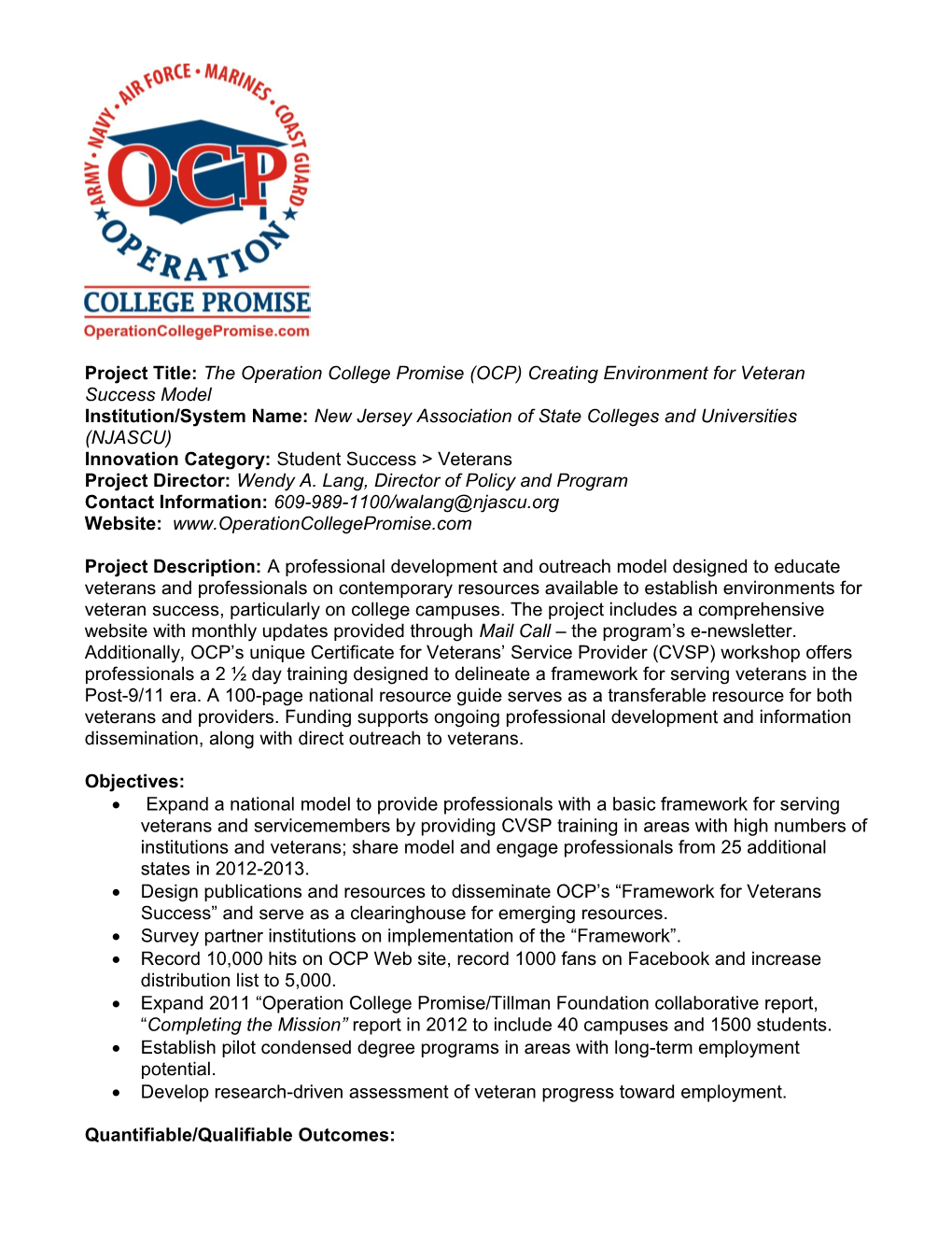 The Operation College Promise (OCP) Creating Environment for Veteran Success Model (MS Word)