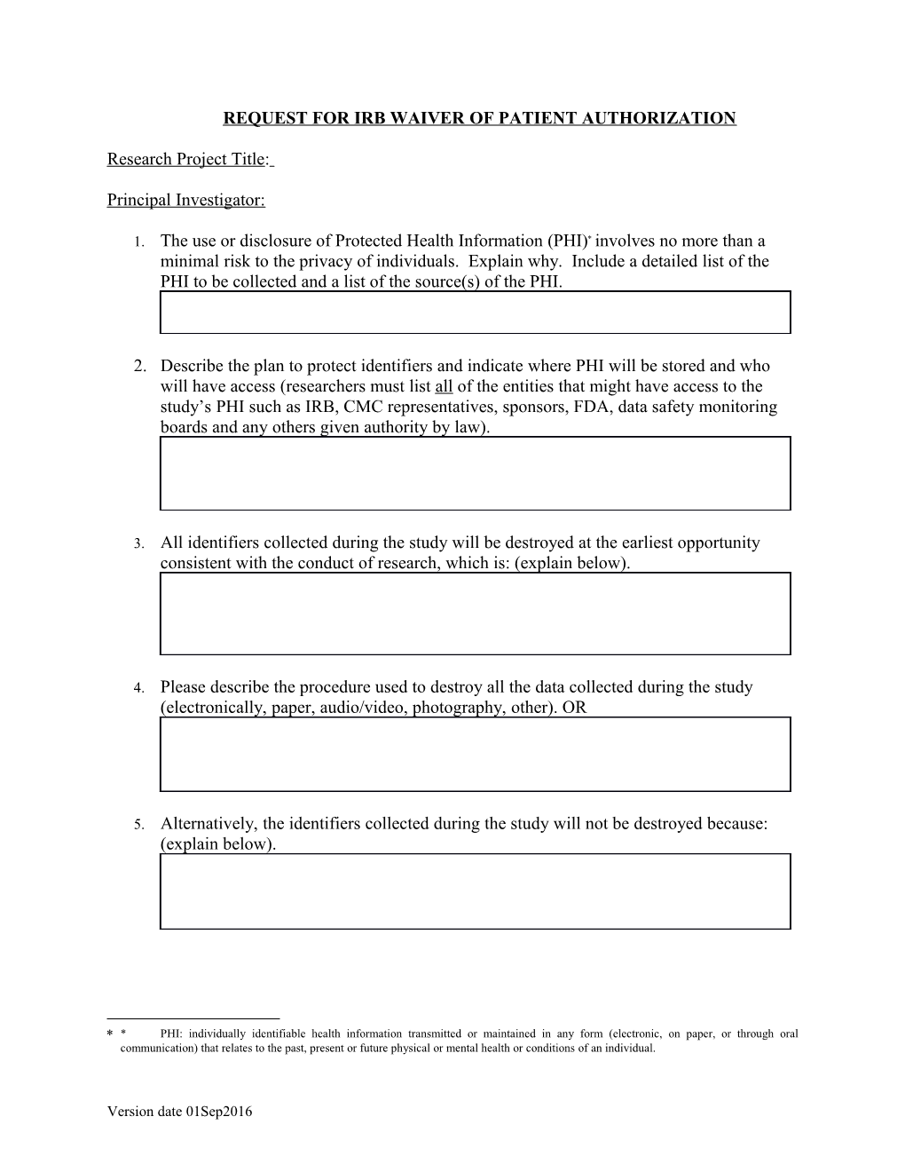 Request for Irb Waiver of Patient Authorization