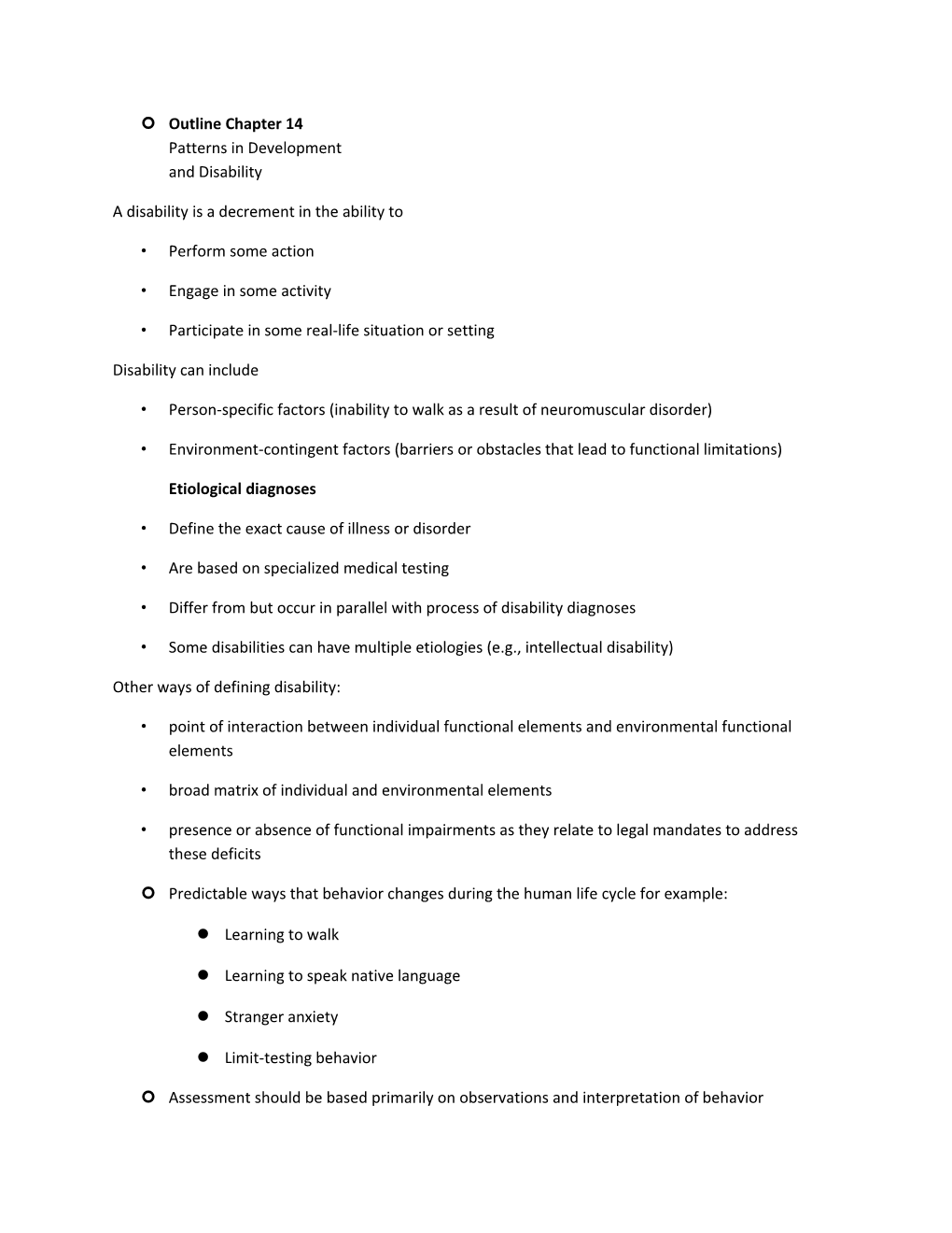 Outline Chapter 14 Patterns in Development and Disability