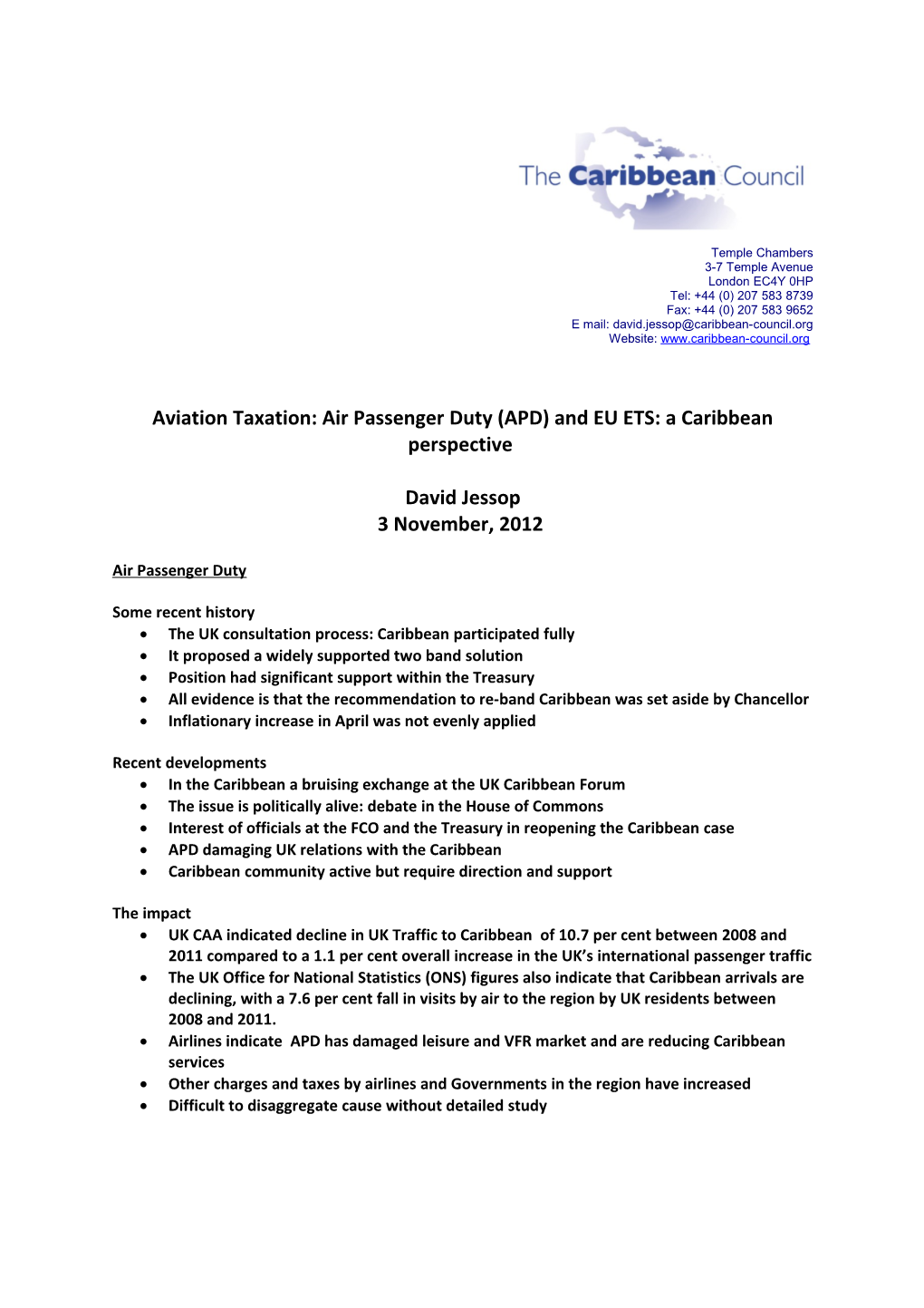 Aviation Taxation: Air Passenger Duty (APD) and EU ETS: a Caribbean Perspective