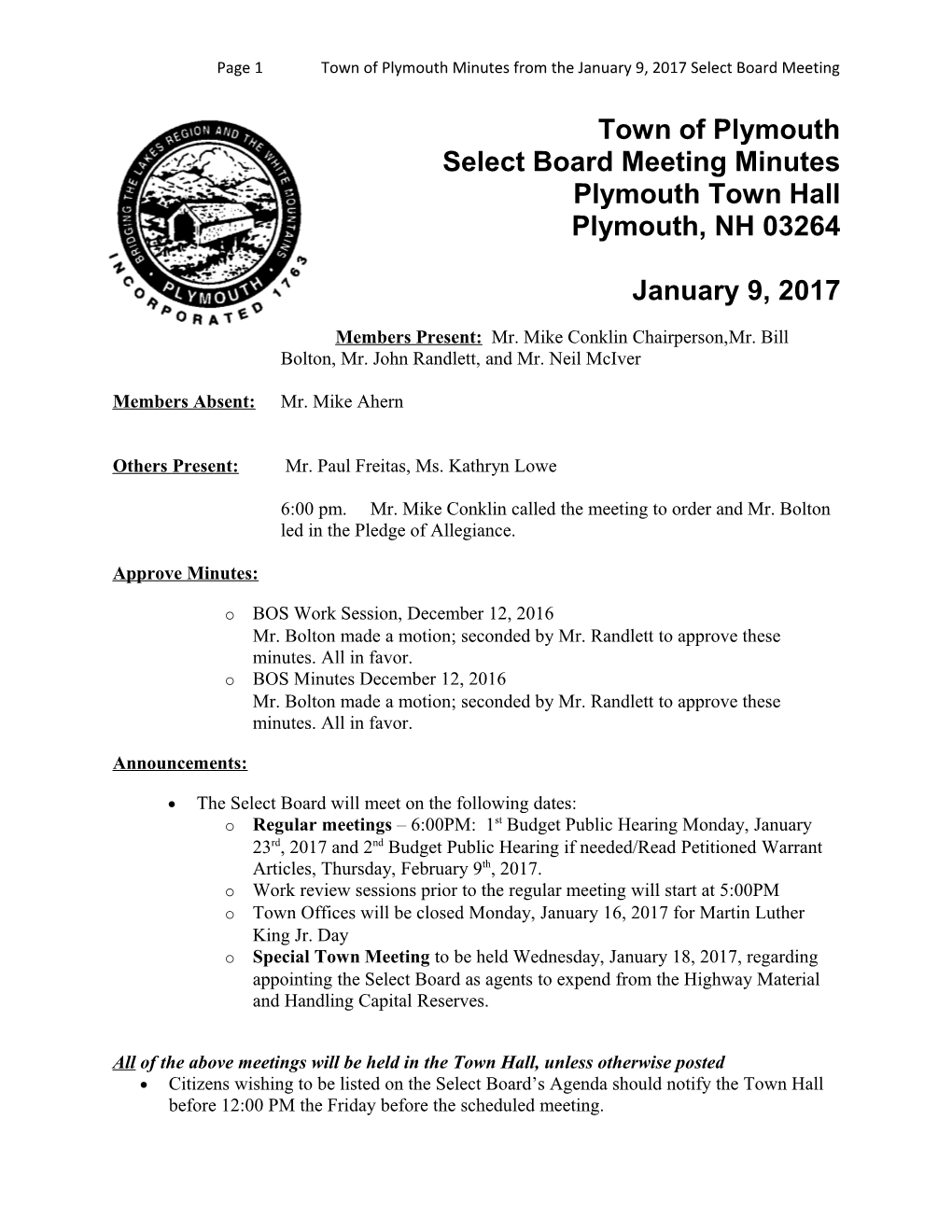 Page 1Town of Plymouth Minutes from Thejanuary 9, 2017 Select Board Meeting