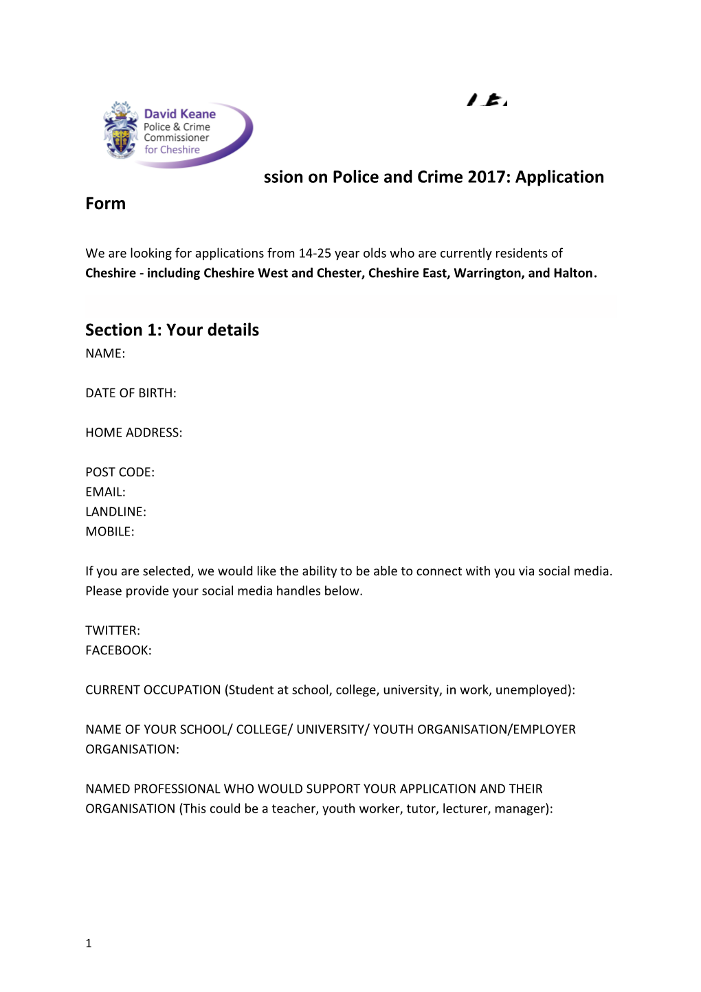 Cheshireyouth Commission on Police and Crime 2017: Application Form
